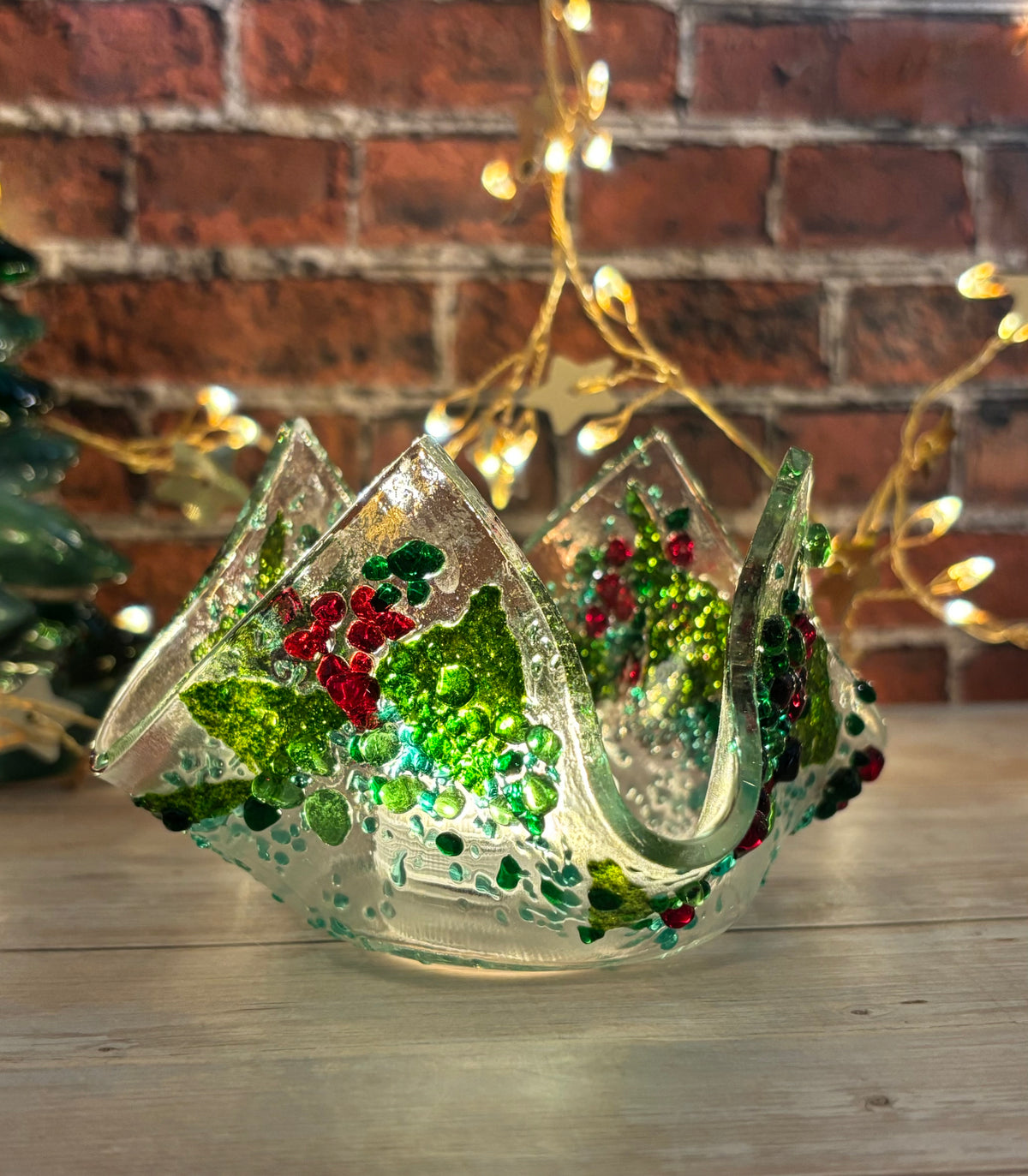 Fused Glass Christmas Holly Berry or Winter Tree Themed Handkerchief Tealight Holder or Reed Diffuser Holder