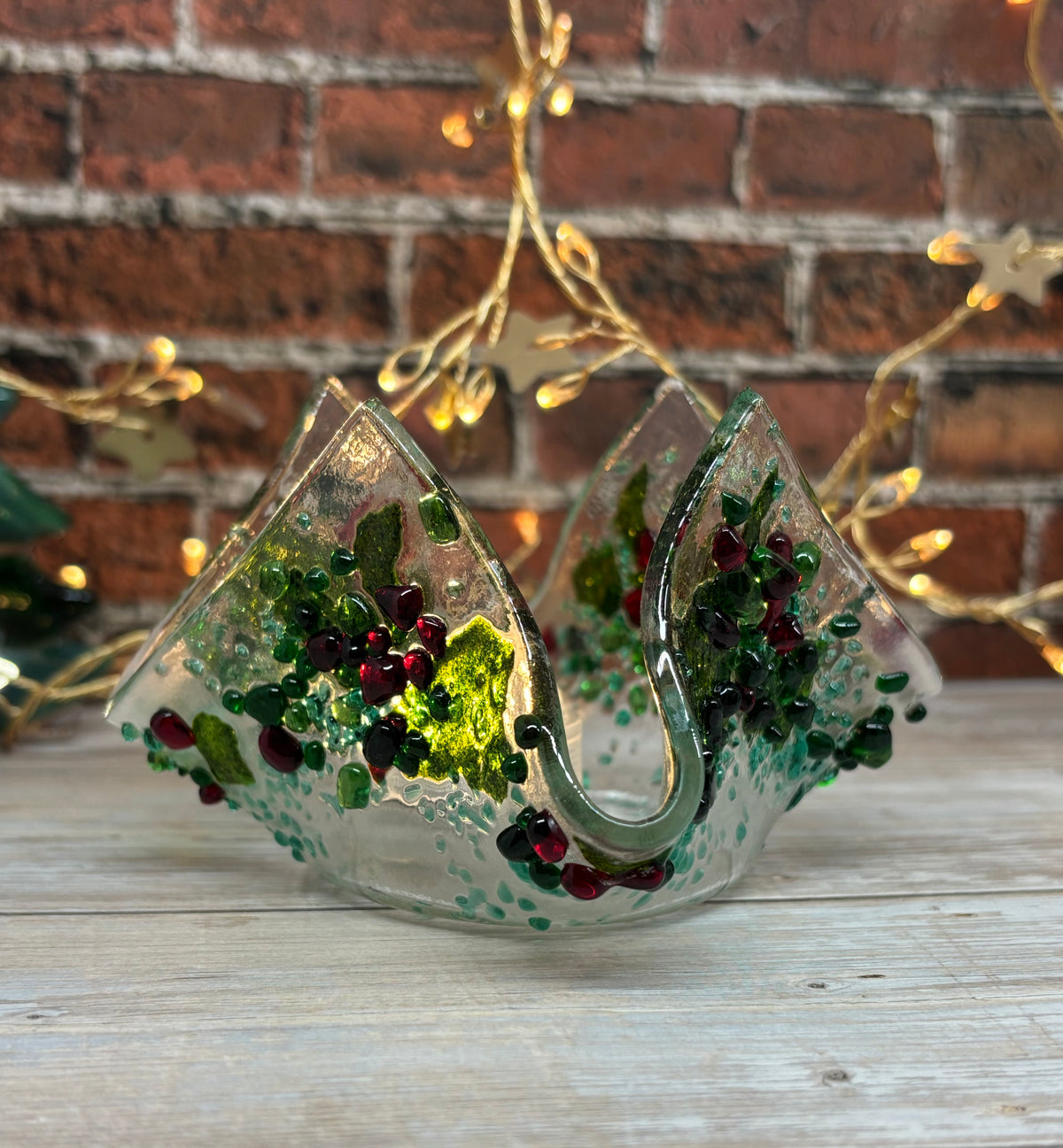 Fused Glass Christmas Holly Berry or Winter Tree Themed Handkerchief Tealight Holder or Reed Diffuser Holder