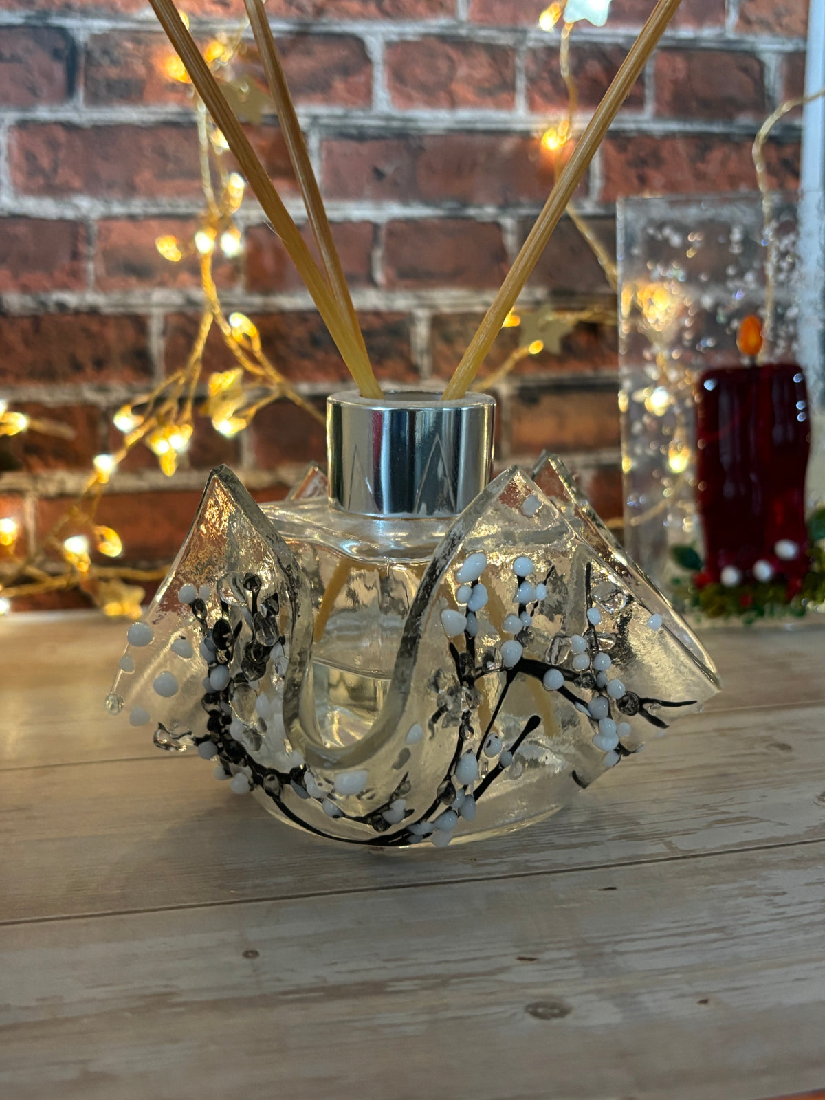 Fused Glass Christmas Holly Berry or Winter Tree Themed Handkerchief Tealight Holder or Reed Diffuser Holder