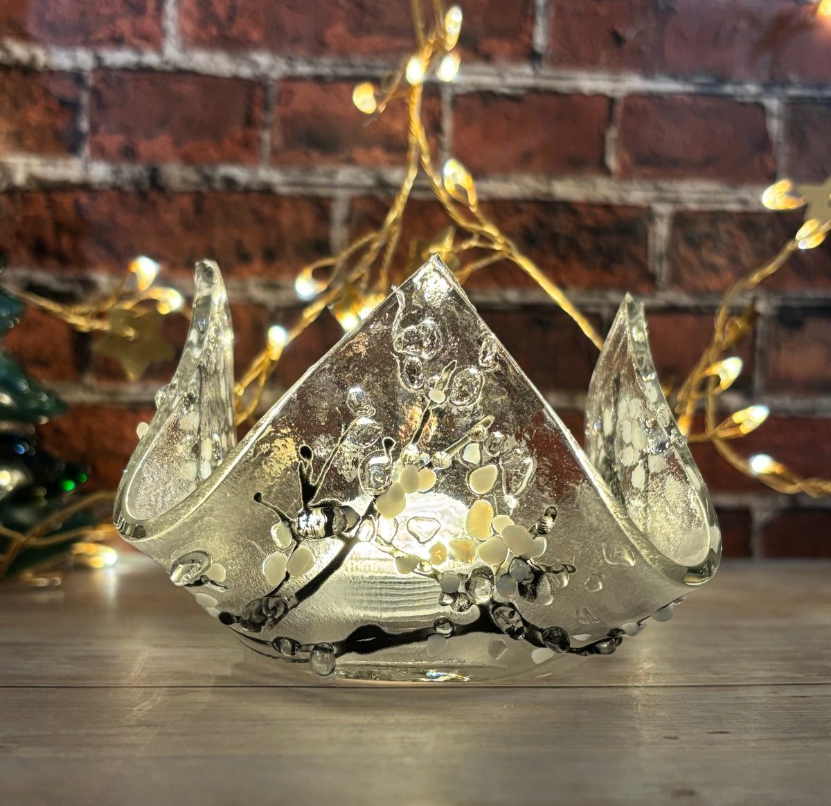 Fused Glass Christmas Holly Berry or Winter Tree Themed Handkerchief Tealight Holder or Reed Diffuser Holder