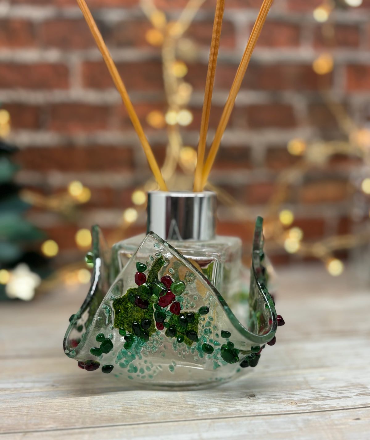Fused Glass Christmas Holly Berry or Winter Tree Themed Handkerchief Tealight Holder or Reed Diffuser Holder