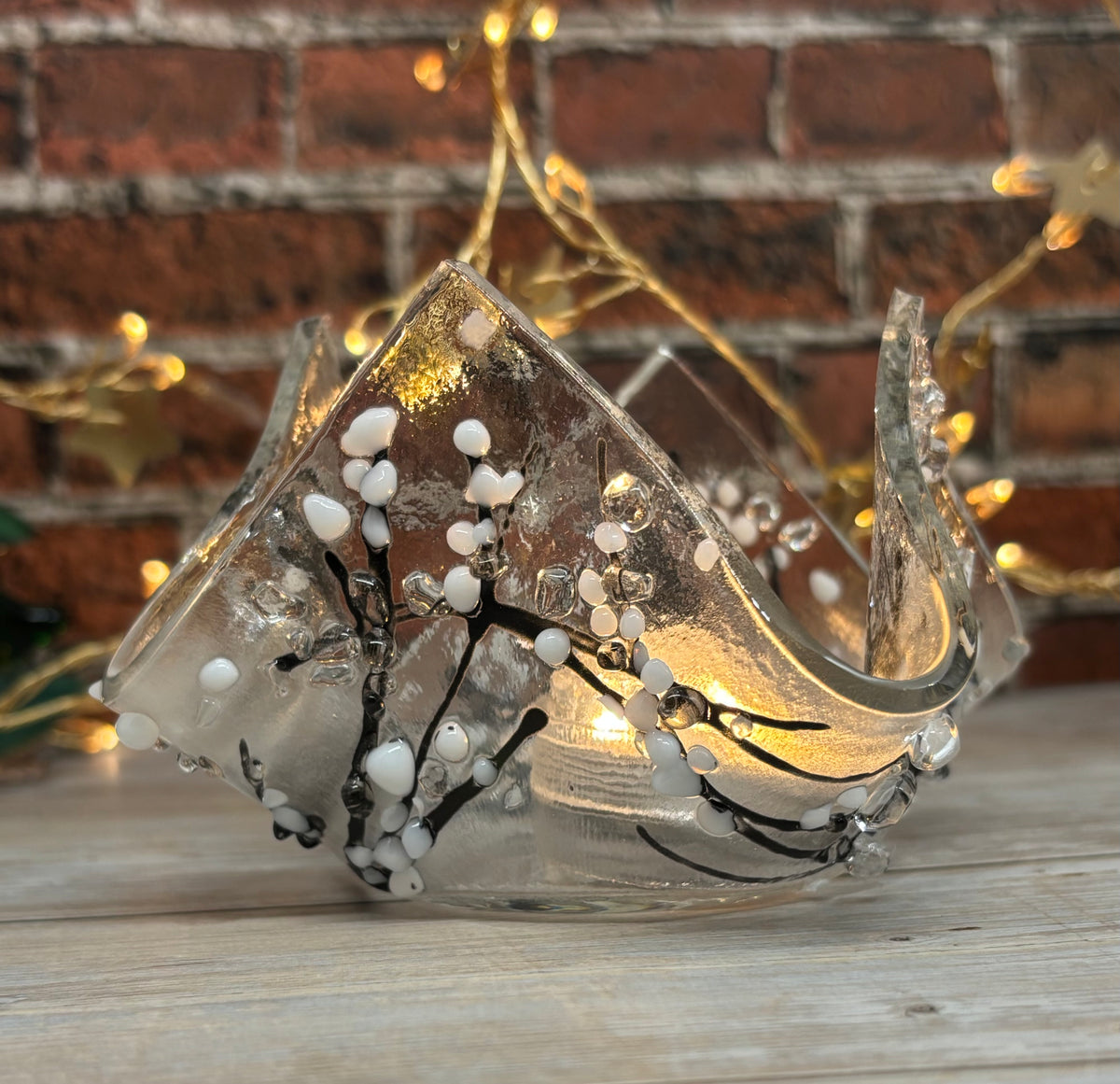Fused Glass Christmas Holly Berry or Winter Tree Themed Handkerchief Tealight Holder or Reed Diffuser Holder